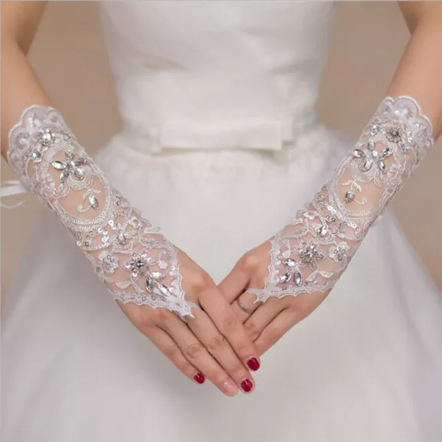 Bride White Gloves Beads Embroidery Beaded Short Wedding Dress Bridal GloveY))i