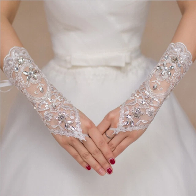 Bride White Gloves Beads Embroidery Beaded Short Wedding Dress Bridal Gl.vio