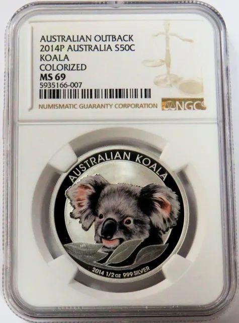 2014 P Silver Australia 50 Cent 1/2 Oz Outback Koala Colorized Coin Ngc Ms 69