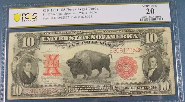 1901 $10 Ten Dollar Buffalo Legal Tender US Note Fr121m Mule PCGS VF 20 No Issue