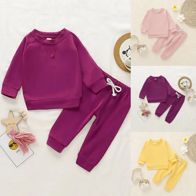 Kids Baby Girls Plain Tracksuit Outfits Sweatshirt Tops+Pants Toddler Sets 2PCS