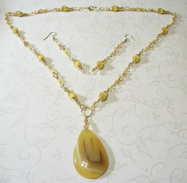 Hand Made Yellow Cat's Eye/Crystal Necklace W/Onyx Agate Pendant And Earring