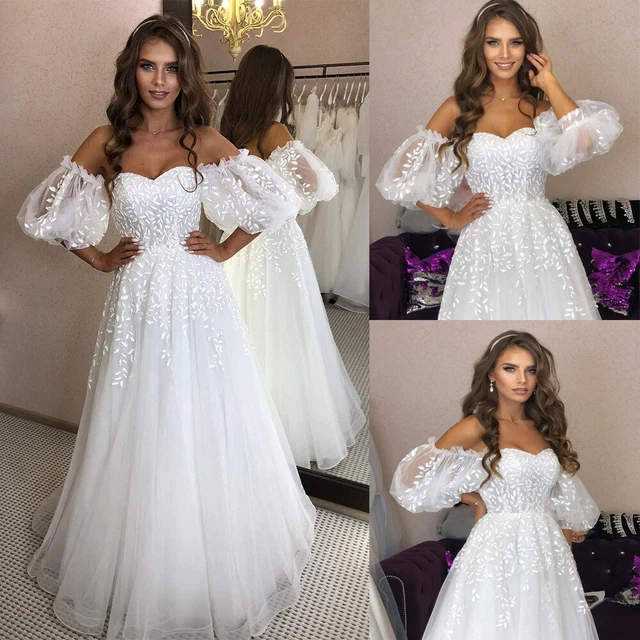 Boho Beach Wedding Dresses A Line Short Puff Sleeves Lace Appliques Bridal Gowns