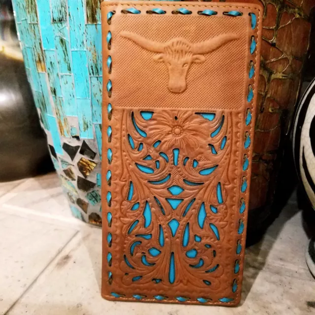 Longhorn Western wallet  GENUINE LEATHER  hand Tooled  Bifold  teal and brown