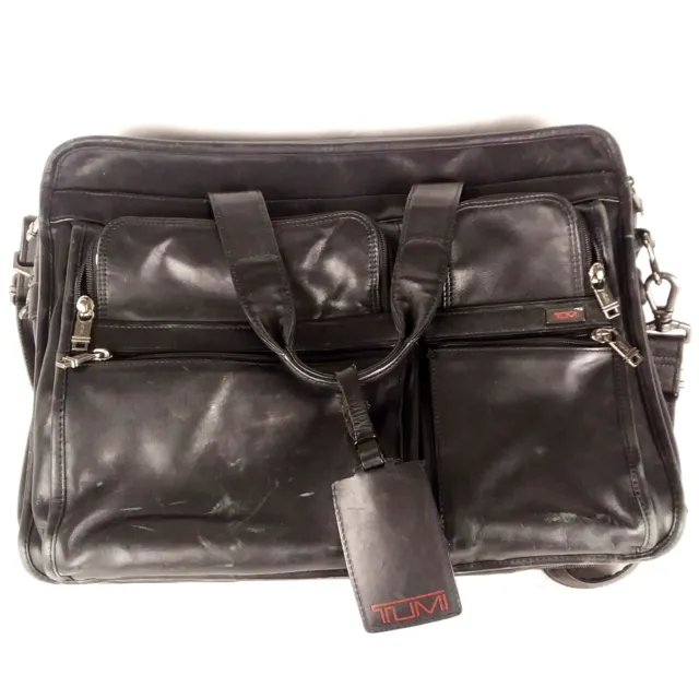 Tumi Expandable Genuine Leather Black Laptop Brief Briefcase Messenger Bag Strap