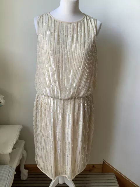 RIVER ISLAND Gold Nude Sequin Beaded Dress Size 16 Wedding Party Occasion Cruise