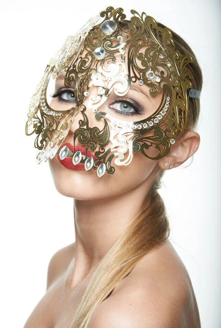 Day of The Dead Gold Skull Venetian Laser Cut Masquerade Mask w/Clear Stones New