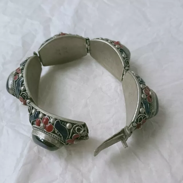 Exquisite Old Chinese tibet silver Cloisonne inlay Zircon handmade Bracelet 9102