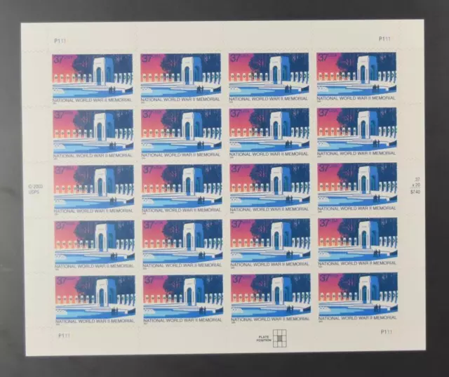 Us Scott 3862 Pane Of 20 National World War Ii Memorial Stamps 37 Cent Face Mnh