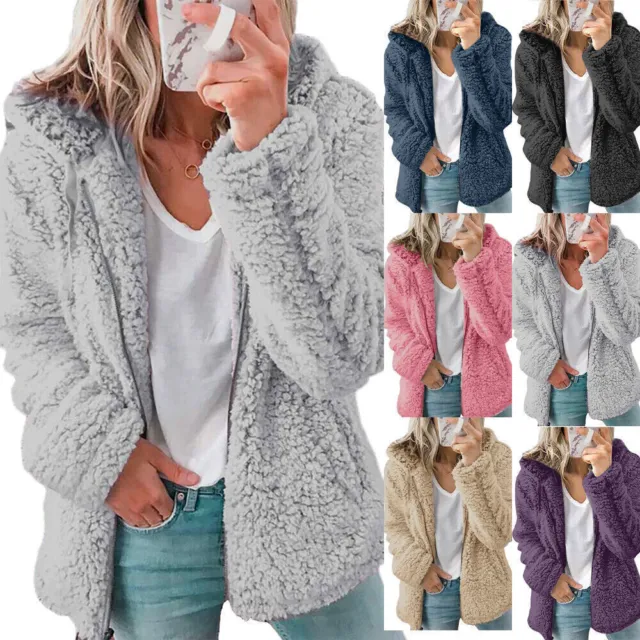 Ladies Fleece Fluffy Hooded Coats Jacket Winter Warm Teddy Bear Cardigan Outwear