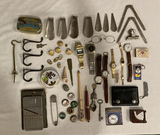 VINTAGE JUNK DRAWER Lot of Leather Brass Tin Collectibles War Buttons