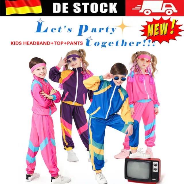 Kinder Jungen Mädchen 80er Jahre Retro Disco Trainingsanzug Jogginganzug Outfit