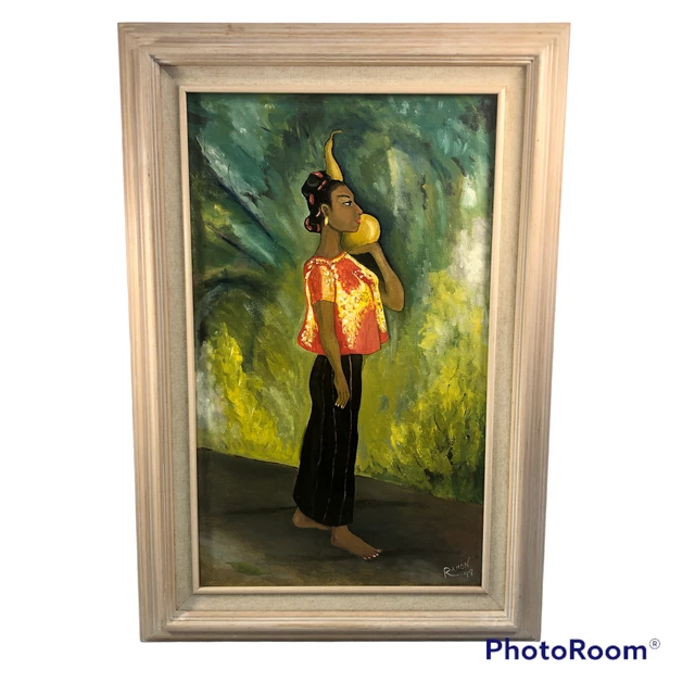 Pintura Mujer Haitiana Descalza Llevando Calabaza Rojo Negro Verde Enmarcado
