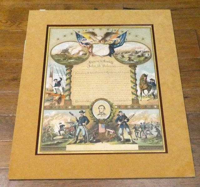 Rare 1863 Civil War Honorable Discharge NJ Infantry Litho Poster Matted 25x30 Rare 1863 Civil War Honorable Discharge NJ Infantry Litho Poster Matted 25x30
