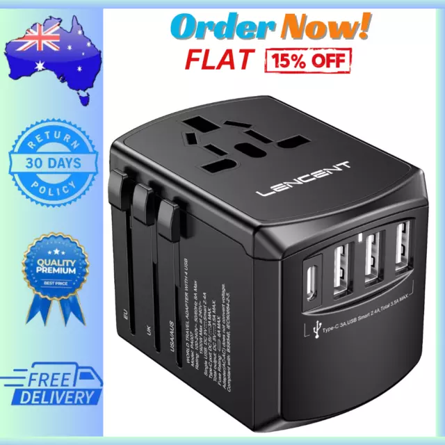 LENCENT Universal Travel Adapter, International Charger with 3 USB Ports and Typ