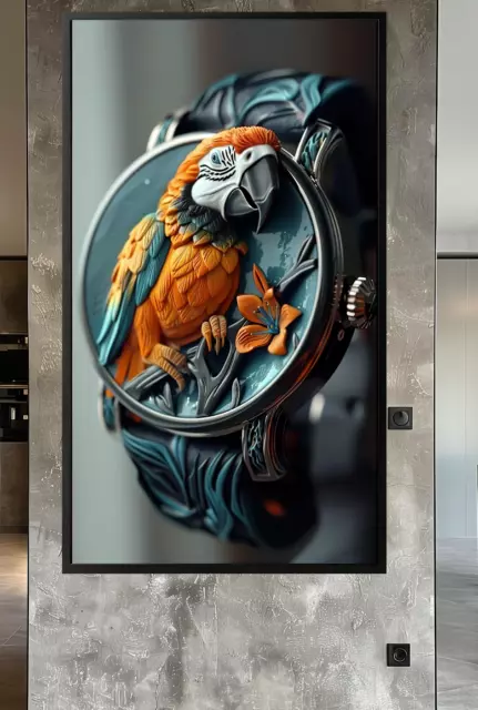 Papagei Luxus-Uhr Edel Wandbild Acrylglas, Acryl + Alu, Metall, Leinwand