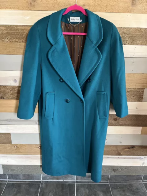 Vtg 80's Ashley Scott Petite 100% Wool Green Long Trench Coat Overcoat Sz ML