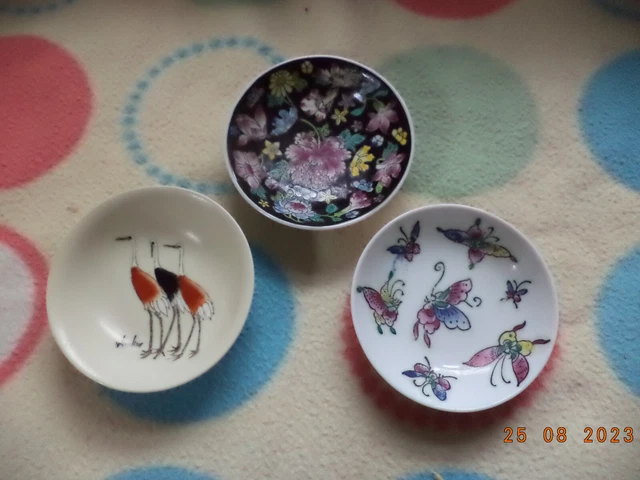 Three Chinese 4"  Enamel Dish One Marked  Qianlong Nian Zhi Circa 1970s
