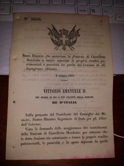 REGIO DECRETO 1870 aut fra CASTELLETTO MENDOSIO separa rendite ABBIATEGRASSO