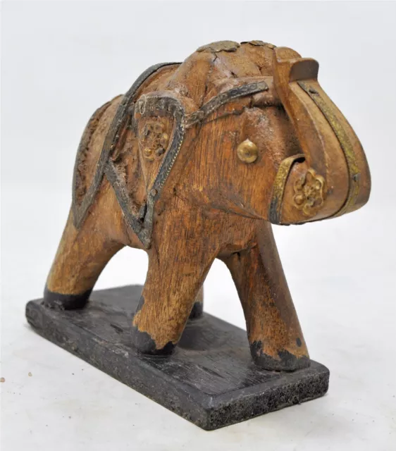 Vintage Madera Mini Elefante Figura Original Antiguo Tallado a Mano Latón