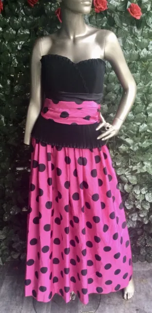 Vintage Trina Lewis Marjon Couture Black Pink Spotty Ball Cocktail Dress 80s 8