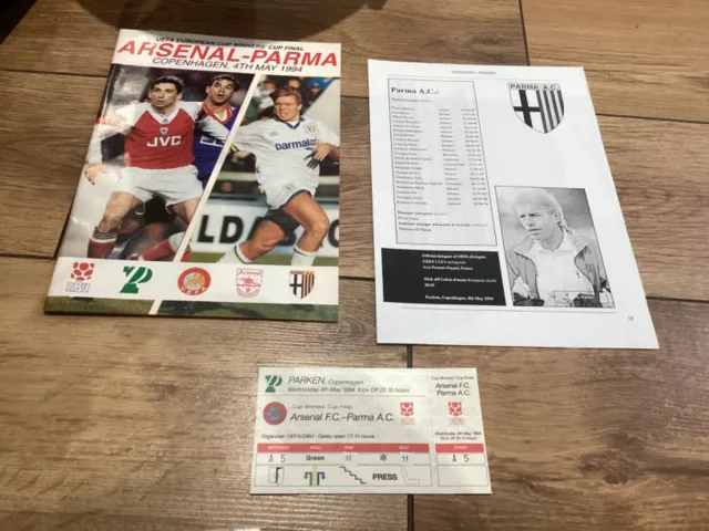 1994  Ecwc Final Arsenal V Parma - Programme + Unused Match Ticket V Good Cond