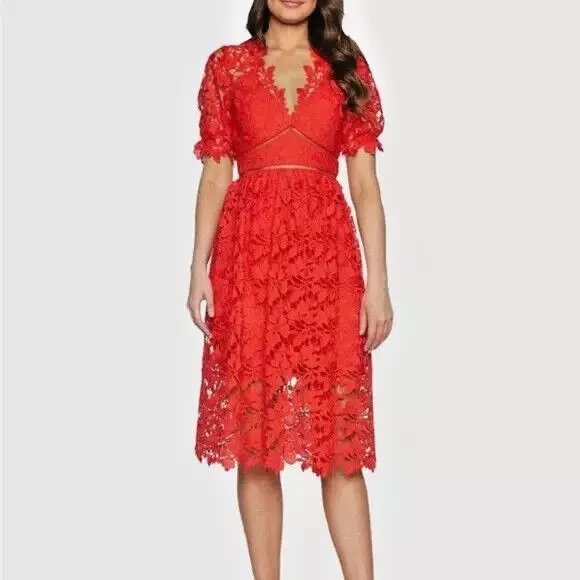 BARDOT Grenadine Orange Floral Lace Cutout Midi Dress NWT