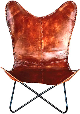 Handmade Rustic Brown Buffalo Leather Seat Lounge Garden Butterfly Chair Folding
