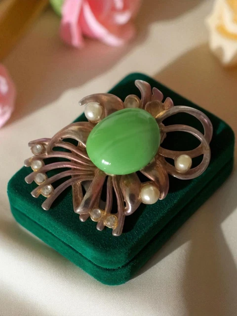 Broche Fantaisie Vintage Arabesque En Métal Doré - Cristaux Synthétiques - Bon état