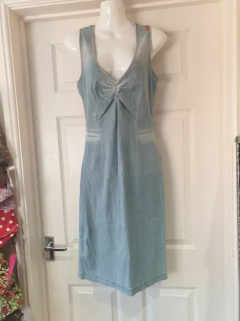 MISS SIXTY Blue Denim Dress V Neck Cotton Knee Length Classic UK Size Medium