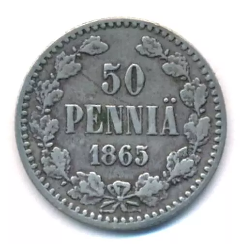 Finland 1865 - 50 Pennia Silver Coin - Under Imperial Russia