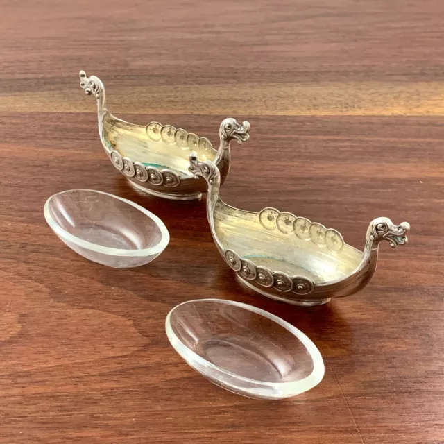 (2) Norwegian Figural Silver Salt Cellars Viking Ship Nidaros Cathedral Royalty