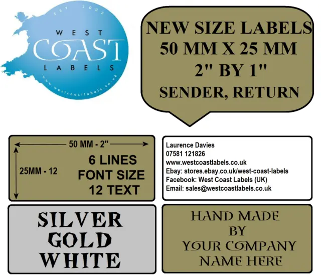 Personalised Printed Sticky Address Labels Stickers White Gold Silver 50 X 25 MM