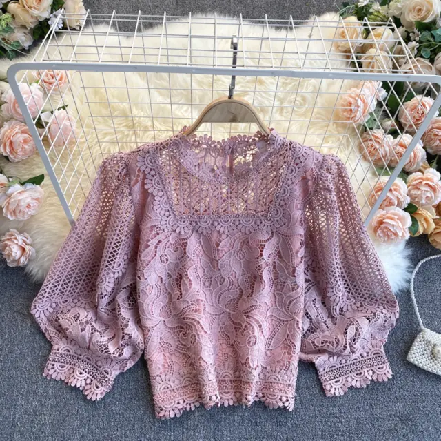 Women Floral Lace Blouse Crop Top Hollow Out Short Puff Sleeve Casual Retro Pink