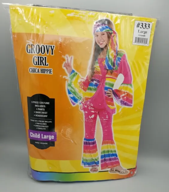 New - Groovy Girl Child Hippie Chick 70's Halloween 3 pc. Costume w/ Scarf Sz L