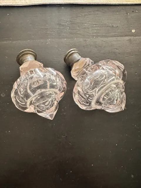Antique set of 2 pink glass door knobs