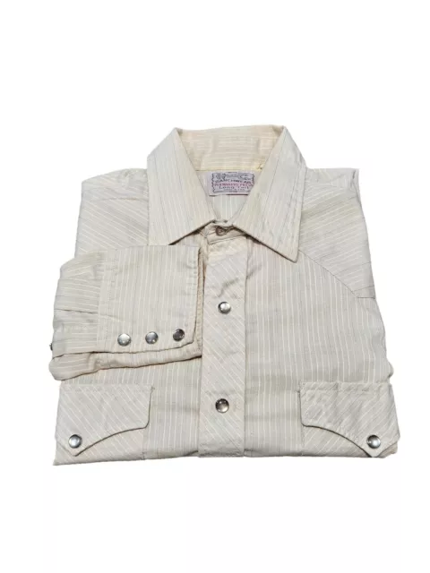 Vintage H Bar C Ranchwear Cream Western Pinstripe Pearl Snap Shirt Size 16.5 M44