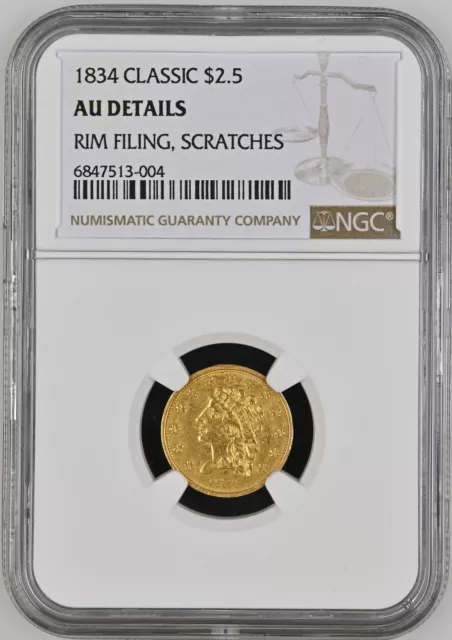 1834 Classic Gold Quarter Eagle $2.50 Coin NGC AU Details - LOOKS BETTER!