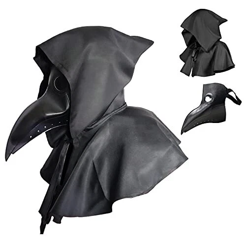 Plague Doctor Mask Set Bird Leather Masks and Hooded Cloak Combo Black Lens