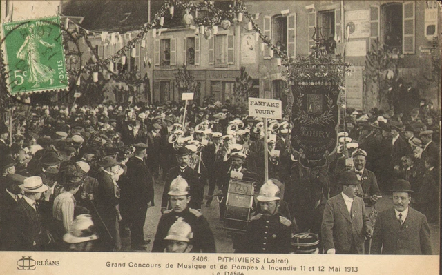 45 Pithiviers Carte Postale Concours Musique & Pompiers Harmoniie Toury 1913