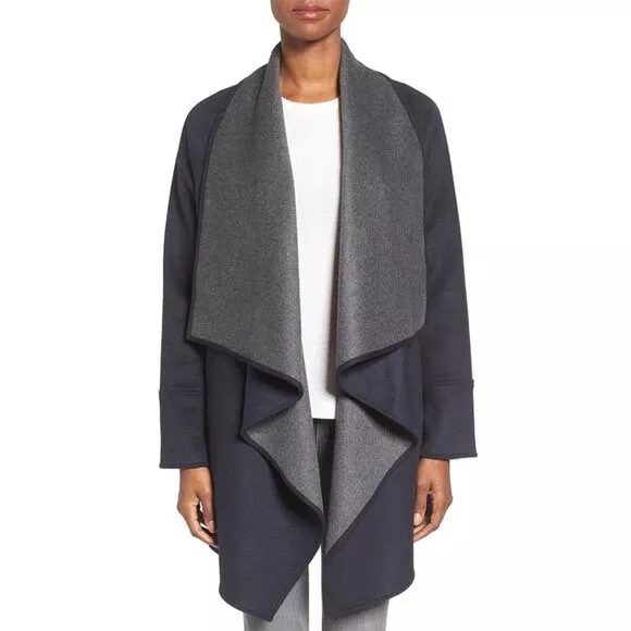 MICHAEL KORS Double Face Wool Blend Coat Drape Front Navy Gray Black SZ 10  NWOT