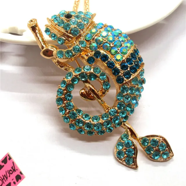 New Fashion Women Blue Rhinestone Bling Branch Gecko Crystal Pendant Necklace
