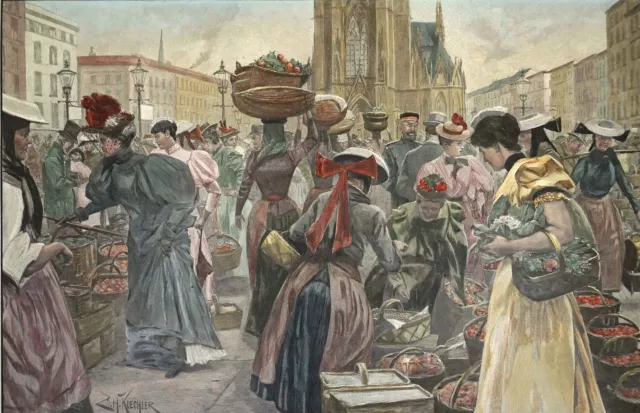HAMBURG - "Vierländer Obstverkäufer auf dem Hopfenmarkt" kol. Holzstich um 1890