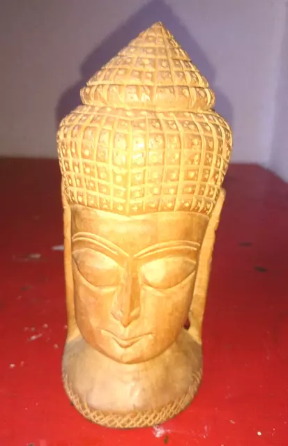 ANCIENNE STATUETTE ASIE TETE BOUDDHA BOUDISME INDONESIE en bois teck fait mains,