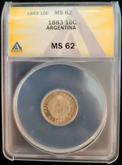 1883 Argentina 10 Centavos Silver Coin ANACS MS62 BU UNC Libertad Radiant Sun