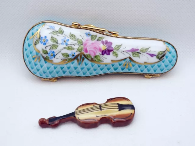 New Authentic French Limoges Trinket Box Violin in Gorgeous Floral Violin Case