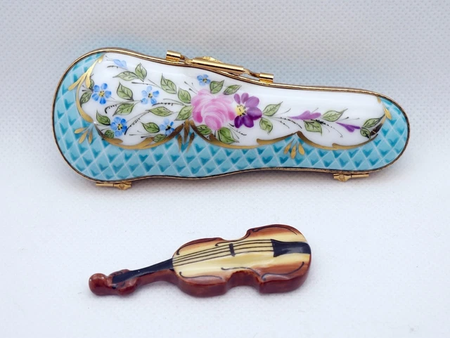 New Authentic French Limoges Trinket Box Violin in Gorgeous Floral Violin Case