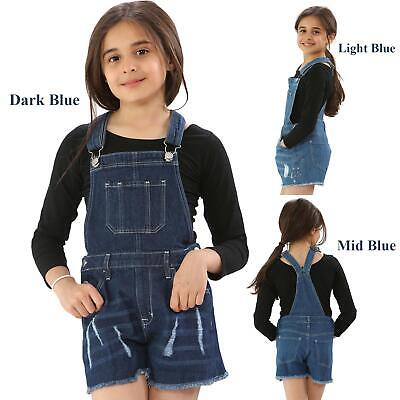 Kids Girls Denim Dungaree Jumpsuit Stretch Jeans Short Dress Playsuit 8-14 Years