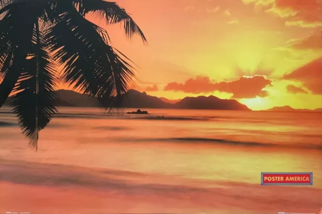 La Digue Island, Seychelles Ocean Sunset With Palm Trees Scenic Poster 24 x 36