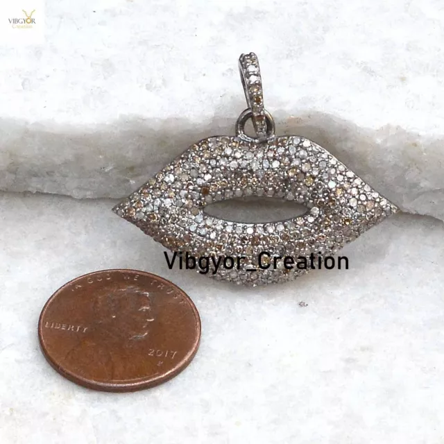 Natural Pave Diamond Lips Charm Pendant 16" Link Chain 925 Sterling Silver Gift